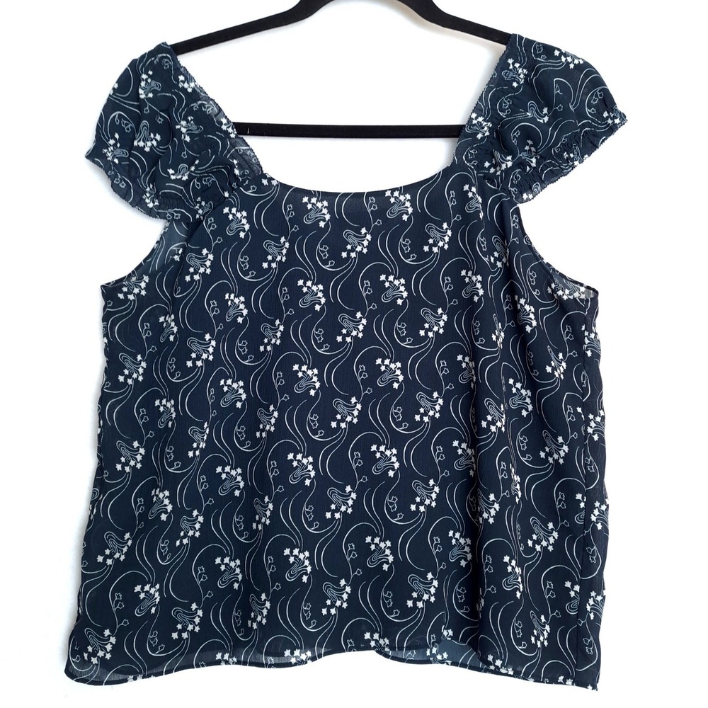 J Crew Blouse Womens S Navy Square Neck Flutter Sleeve Floral Print Lightweight - Picture 2 of 8